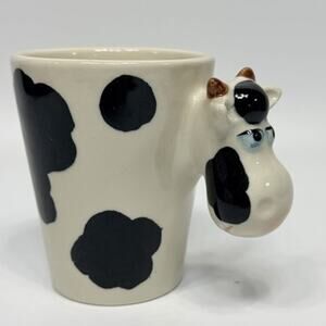 Vintage Farm Cow Ceramic Mug Cow Head Handle 3D Sculpted Black White